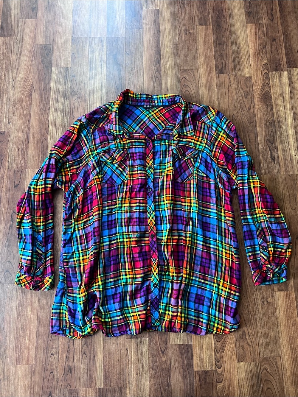 Torrid Size 5 Rainbow Plaid Button Front Tunic Rayon